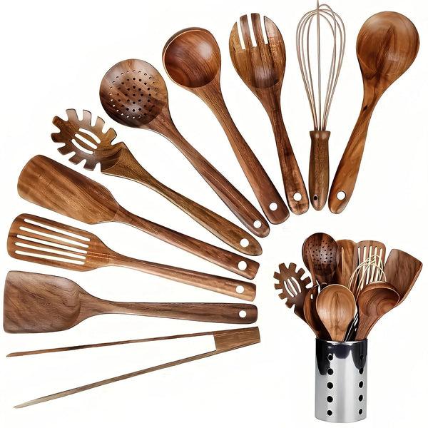 Gastrum | Functionele Natuurlijke Houten Keukengerei Set met Houder